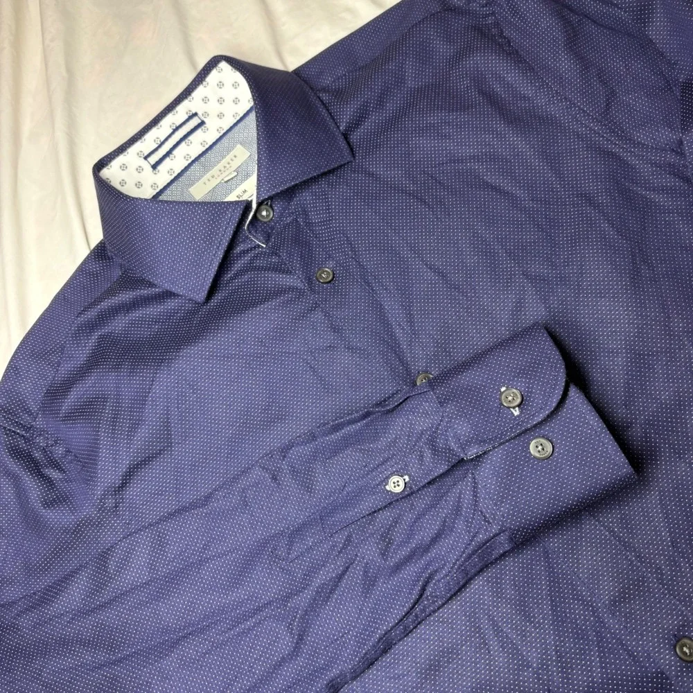 Ted Baker London Slim Fit Dress Shirt Navy Blue Micro Dot 15.5 39 Long Sleeve‎